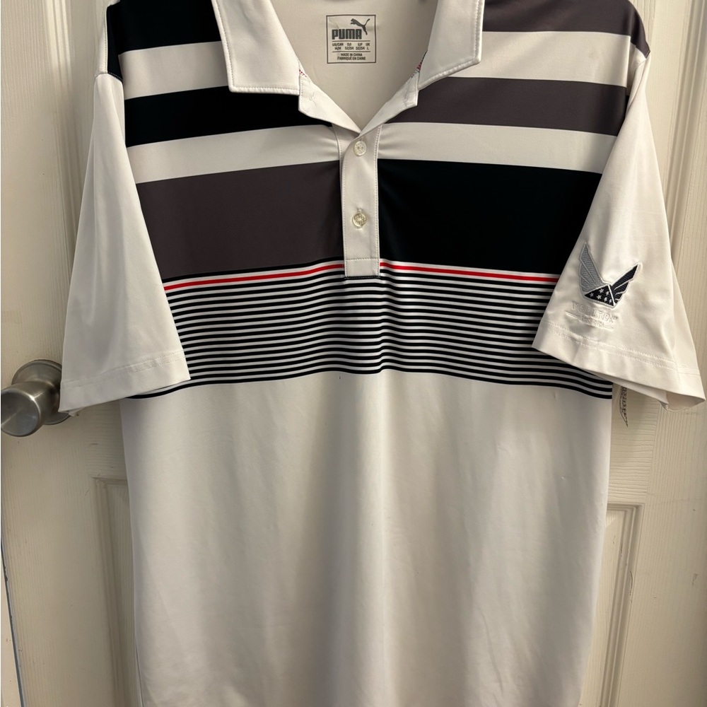 Puma Volition Men's Polo Shirt with Black, White, and Gray Stripes